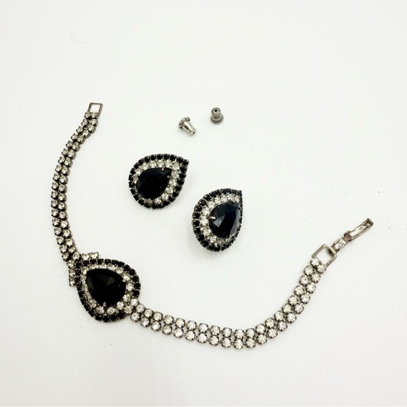 Vintage Art Deco Black and Clear Rhinestones Teardrop Bracelet and Earrings Sets - Picture 3 of 8